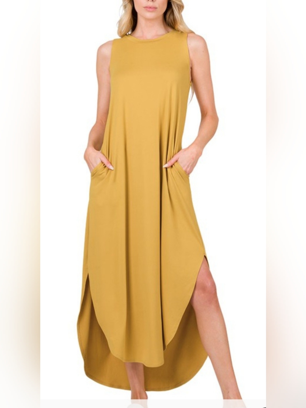 NWOT Zenana Assymetrical Side Slit Maxi with Pockets - Mustard